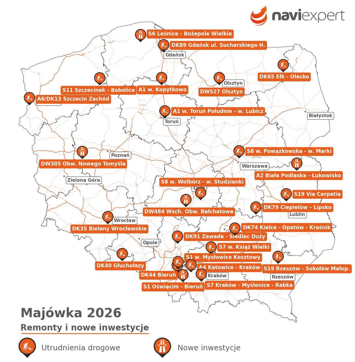 MAJÓWKA VOL. 1 - REMONTY 🚧 
Wytypowaliśmy miejsca, w których kierowcy stracą najwięcej czasu na wahadłach i objazdach 🚗🚕🚙
Dobra wiadomość? NaviExpert wie o nich wszystkich i pomoże je ominąć 👍 
__
Cdn... jutro dowiecie się, kto (i gdzie) Was obserwuje! 📸
A jeśli nie chcecie czekać, to majówkowy report drogowy przeczytacie tu: https://www.naviexpert.pl/blog/raport-droga-na-majowke-2026-usiana-remontami-i-nowymi-fotoradarami/