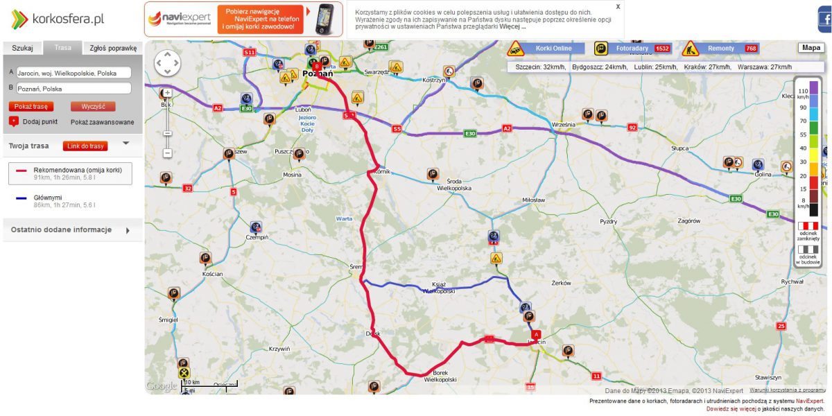 Mapa - zamknięty most w Nowym Mieście nad Wartą