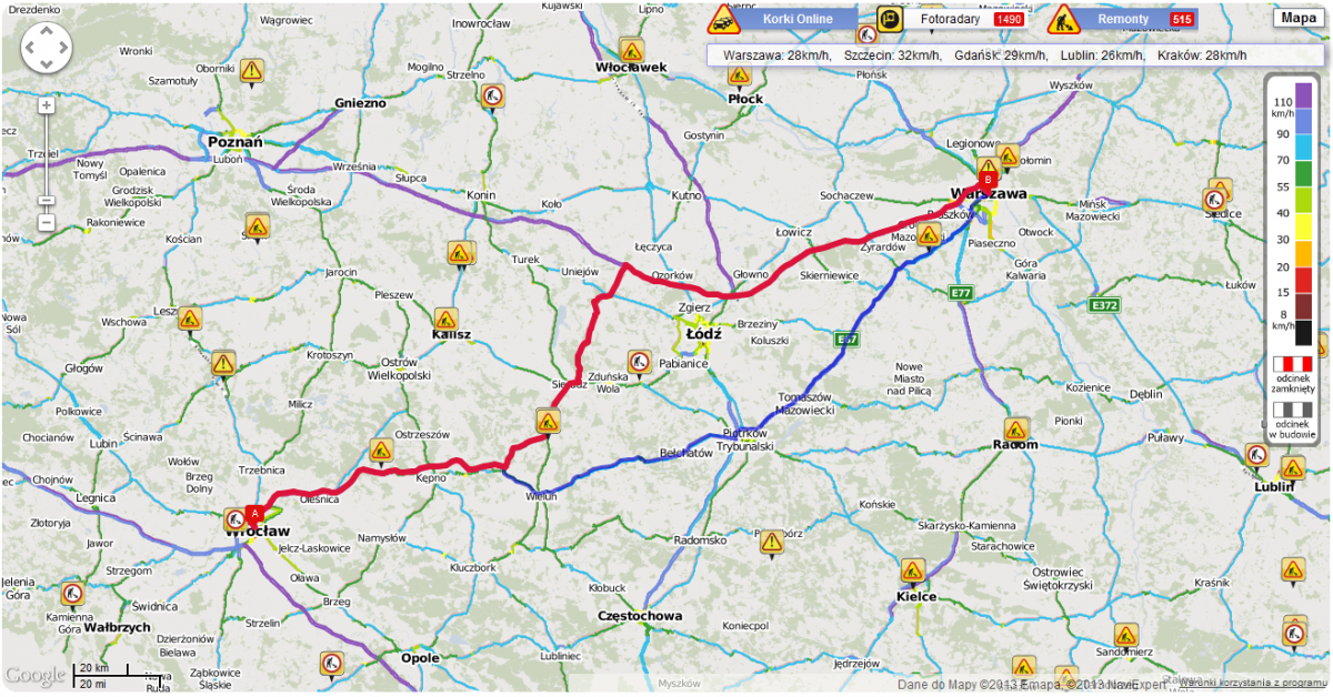 Trasa Warszawa Wrocław NaviExpert