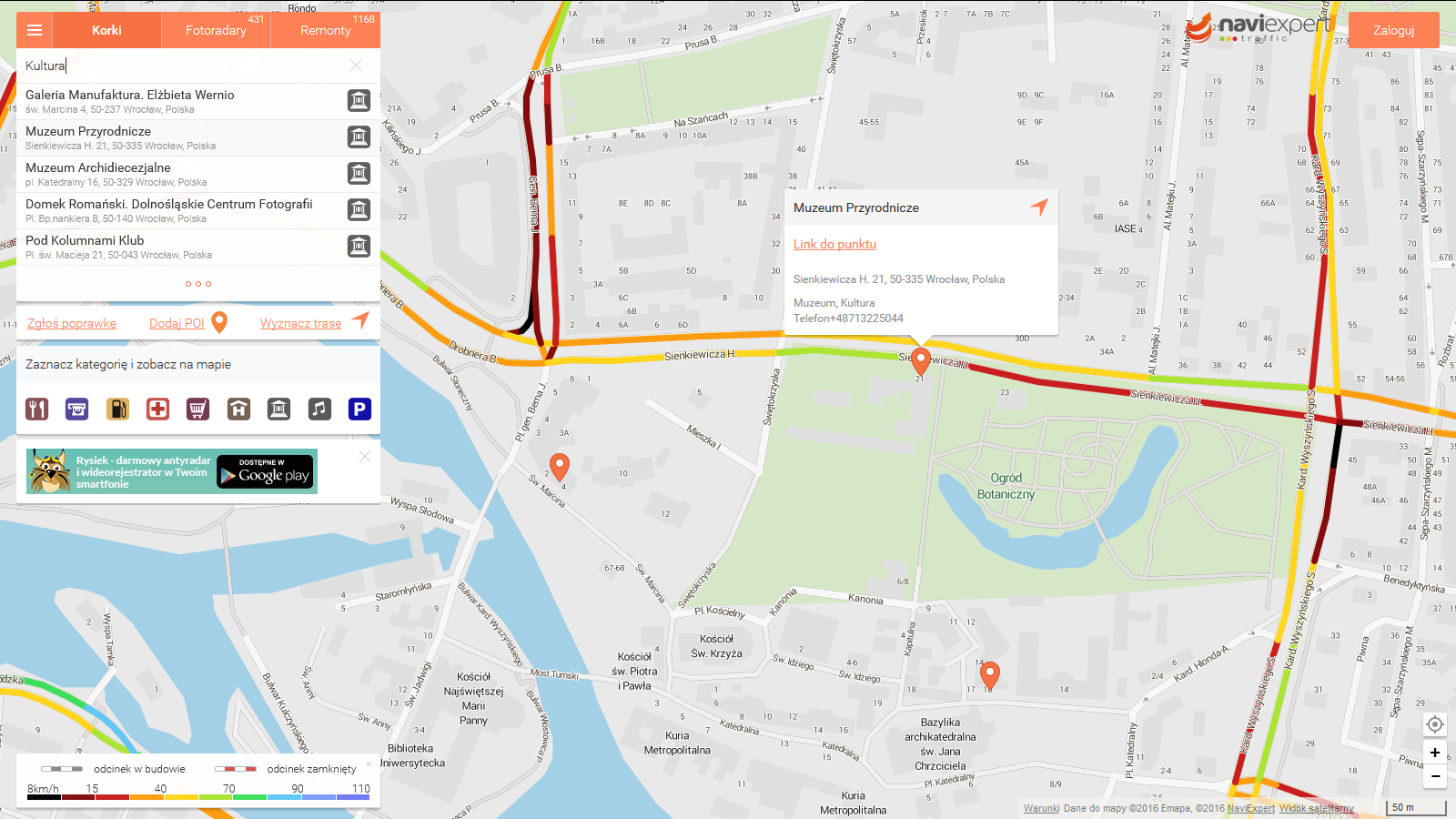 Wyszukiwanie muzeum z Traffic NaviExpert