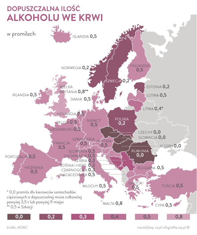 Dopuszczalna ilość alkoholu we krwi w państwach UE