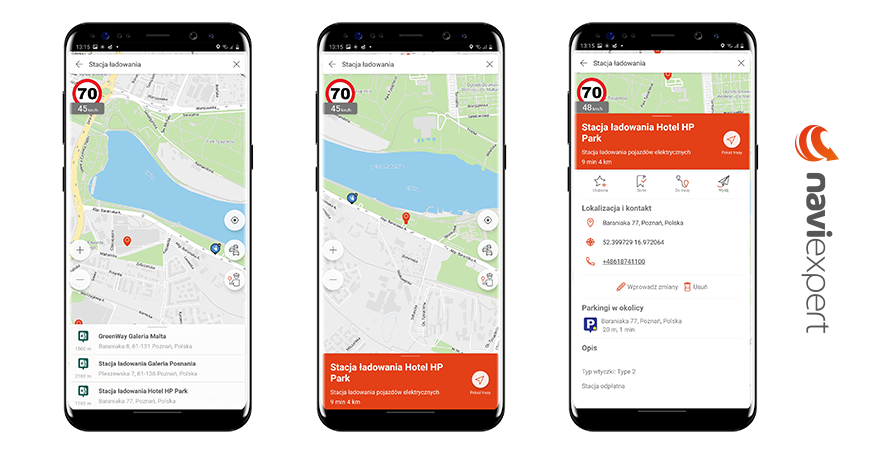 Trzy mapy w nawigacji wskazujące stacje ładowania samochodów elektrycznych.