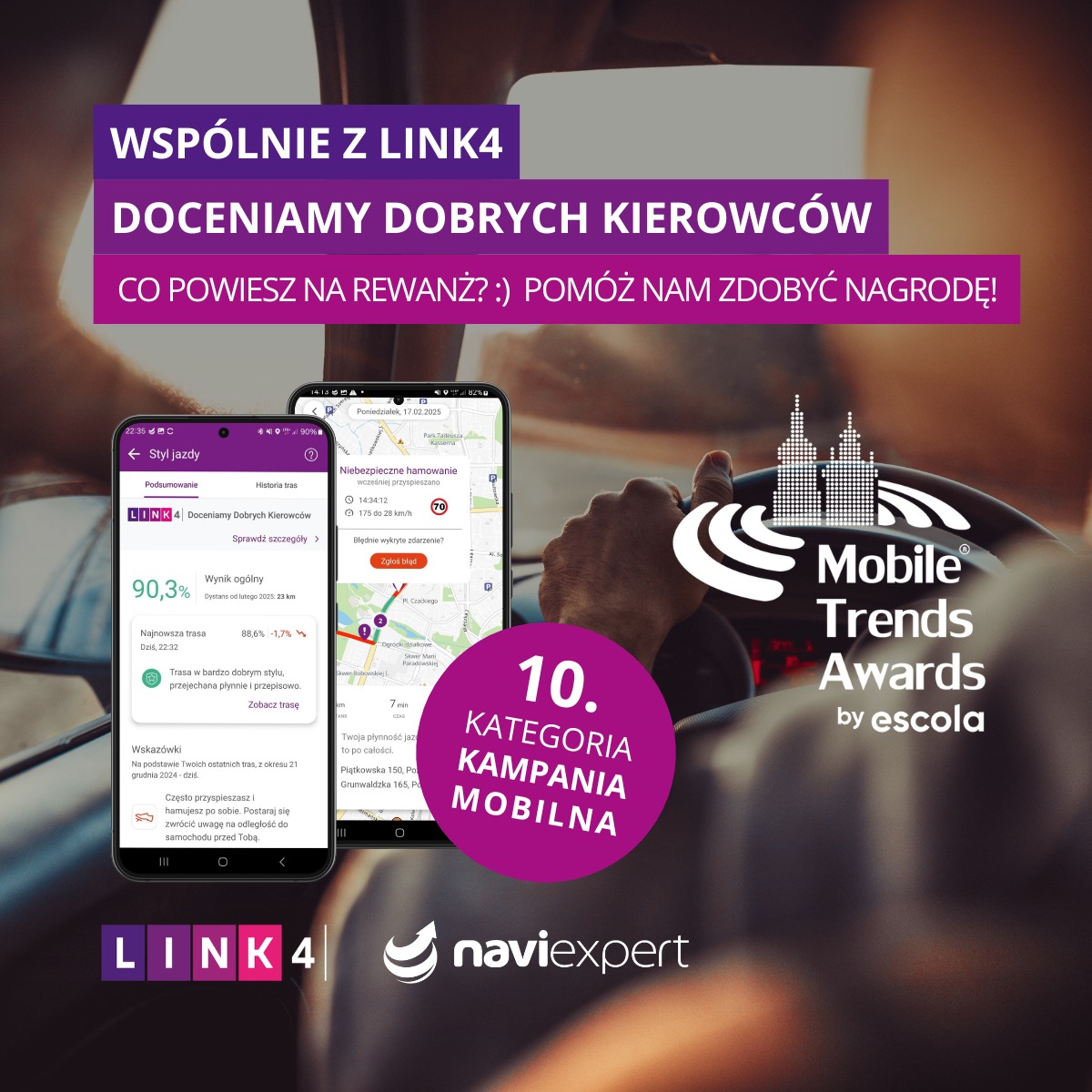 Głosuj na NaviExpert i LINK4 w Mobile Trends Awards 👉 
➡ Nominację otrzymaliśmy za wspólny program "Doceniamy Dobrych kierowców" w kategorii nr 10: Kampania Mobilna!

Jak głosować❓
​​1️⃣ Wejdź na stronę: (link w bio)
https://www.mobiletrendsawards.pl/mta/glosowanie
2️⃣ Zaloguj się za pośrednictwem konta na Facebooku lub Linkedinie, aby móc zagłosować.​
3️⃣ W kategorii nr 10. KAMPANIA MOBILNA oddaj głos na LINK4 i NaviExpert.

🚗 Od marca 2025 r. kierowcy biorący udział w kampanii poprawiają swój styl jazdy i bezpieczeństwo na polskich drogach 🧡🩷💜
__
Jesteśmy bardzo dumni z tego wyróżnienia i dziękujemy za wszystkie Wasze głosy! 👍 Pokaż mniej Pokaż mniej