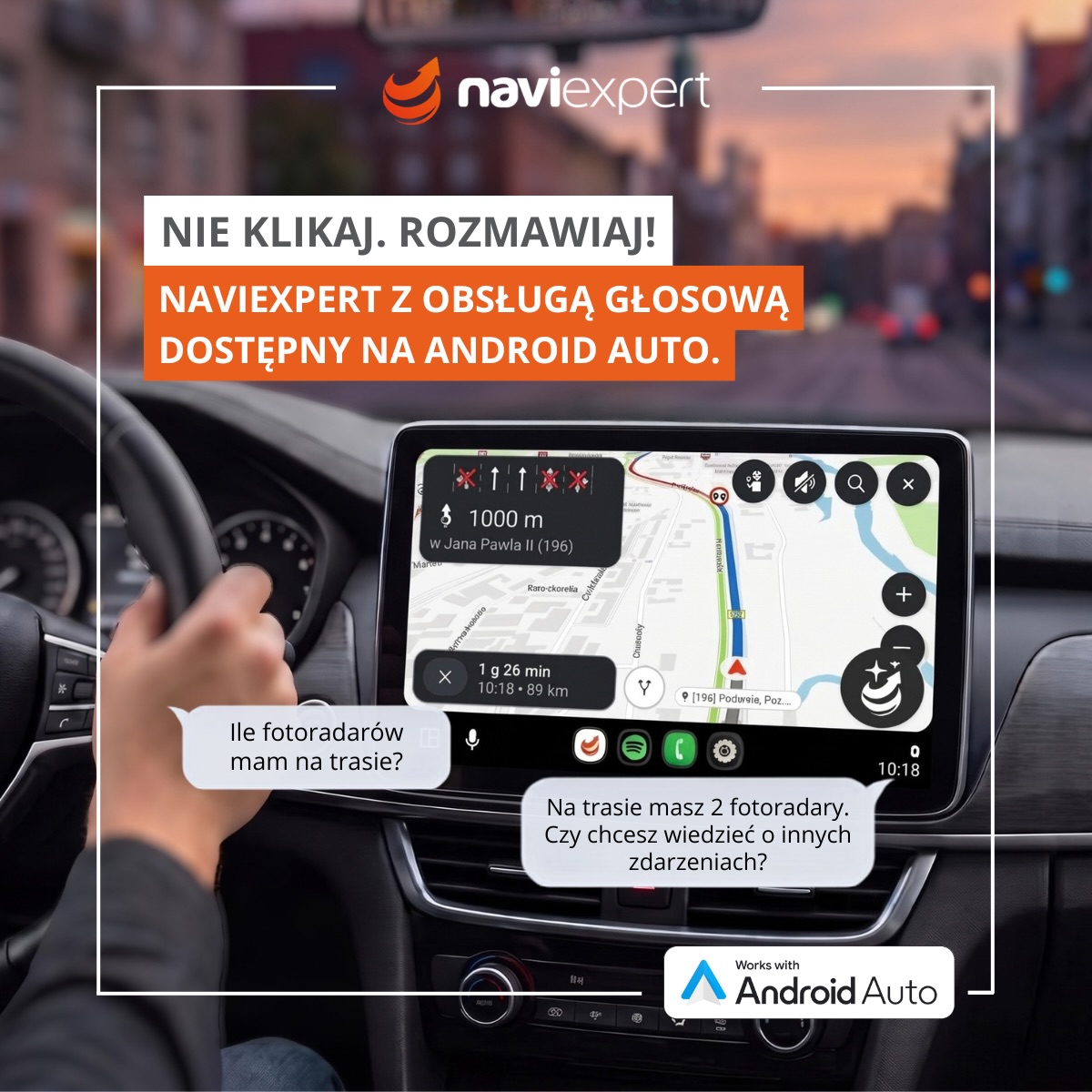 Obiecaliśmy, że za chwilę Ryszard zacznie działać na Android Auto? No to słowa dotrzymujemy! 😎 

Jeśli korzystasz z NaviExperta na ekranie auta - teraz możesz robić to za pomocą mowy. Nasz asystent głosowy, wykorzystujący AI właśnie zameldował się w samochodach wyposażonych w system multimedialny od Google. 
🚗 Aktualizacja z numerem 17.2  jest już dostępna w Google Play. Od teraz zamiast rozpraszać się klikaniem podczas jazdy, po prostu wywołujesz asystenta i mówisz:

🎤 „Nawiguj do domu.” 
🎤 „Prowadź na najbliższą stację.” 
🎤 „Sprawdź wypadki po drodze.” 
🎤 „Zgłoś fotoradar.” 
🎤 „Usuń ten przystanek z trasy.”

Ręce na kierownicy, wzrok na drodze, a Ryszard ogarnia resztę.

 👇 Sprawdź NaviExperta 17.2 i daj znać, czy to fajny pasażer ;) 
💡 PS Jeśli jeszcze nie miałeś okazji sprawdzić Ryszarda w akcji: pobierz aplikację z Google Play, wejdź w Menu > Moje konto > Wprowadź kod promocyjny - wpisz RYSZARD i zgarnij 7 dni nawigacji za darmo!